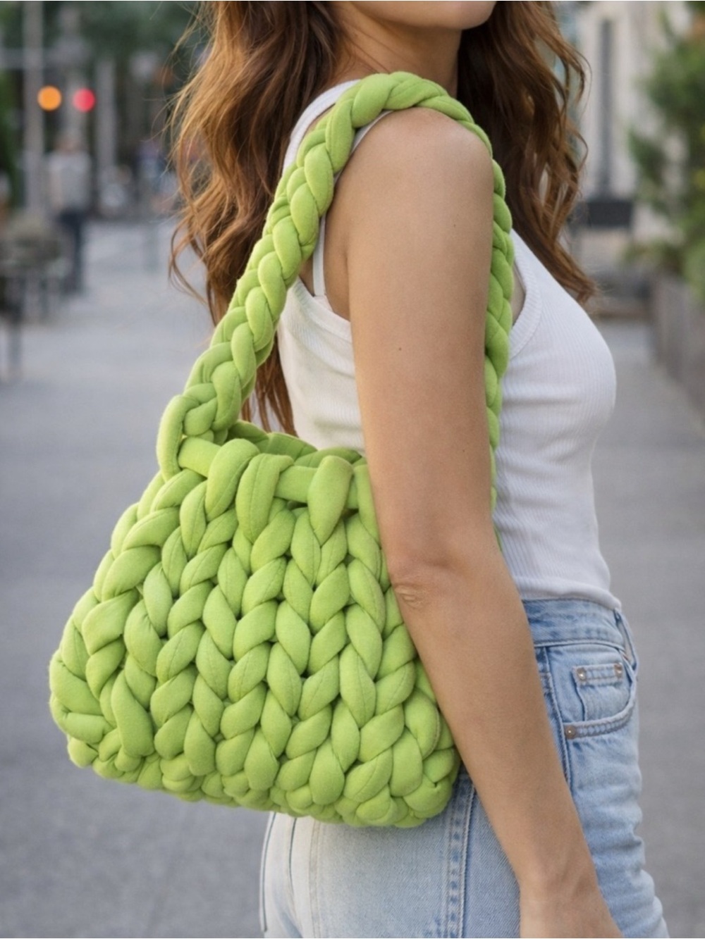 Chunky Knit Shoulder Bag in Lime Green